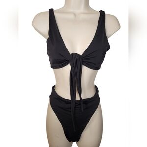 Four Three Seven Black Bikini Set Tie Front Plunge Top High Cut Bottoms M/L
